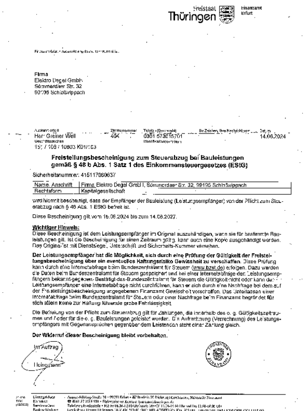 Freistellungs bescheinigung bei Elektro Degel GmbH in Schloßvippach